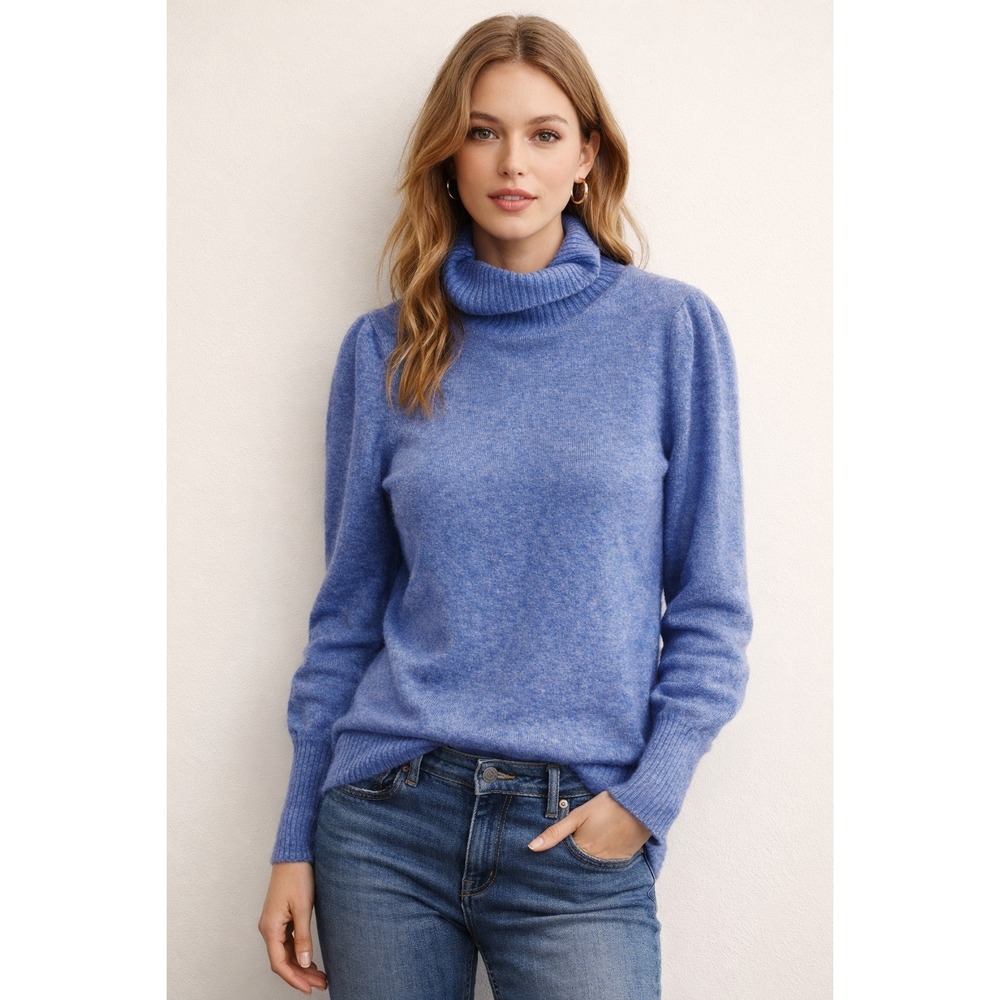 J. Crew Heather Blue Turtleneck Sweater Balloon Sleeve Puckered‎ Detail Sz XS